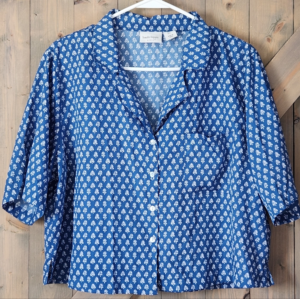 Haute Hippe Floral Crop Boxy Button Front Top Size Large